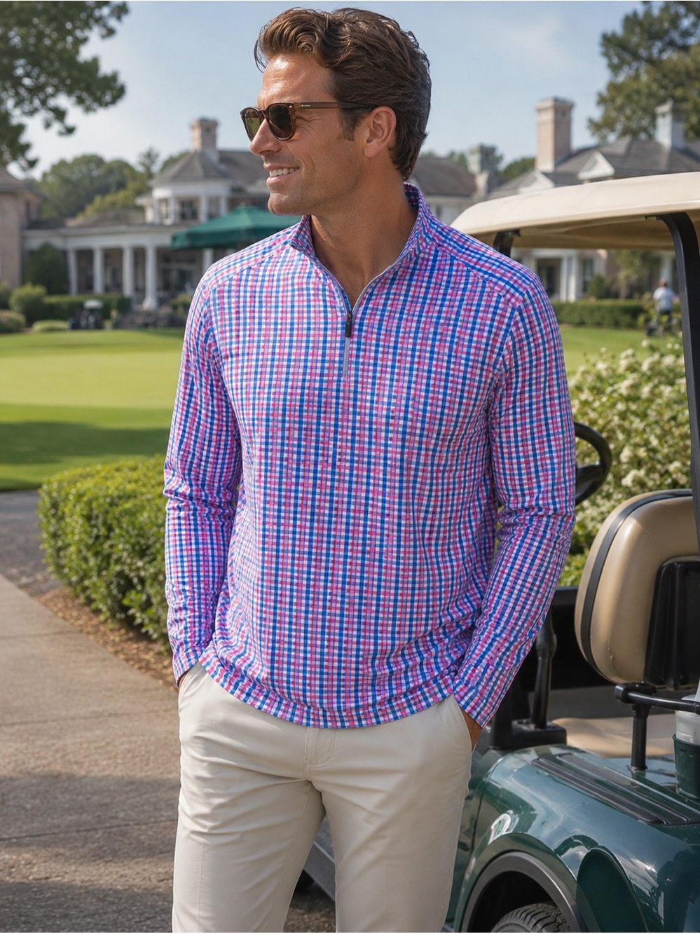 Deolax Golf Pullover Womens Large Pink Blue Gingham Quarter Zip 50+ UPF Stretch